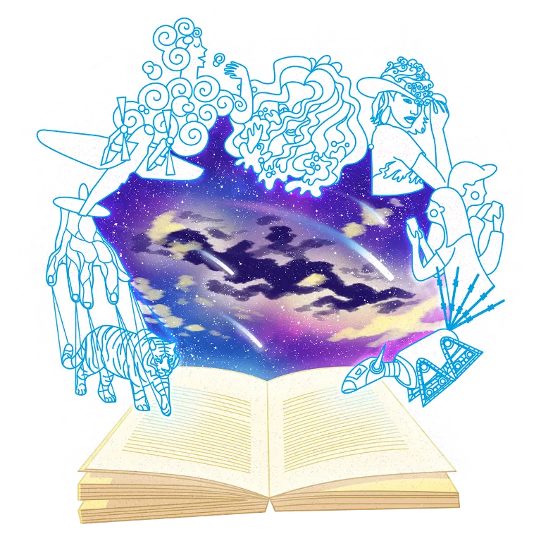 Illustration of imaginery characters appearing from a book around a nights sky with shooting stars